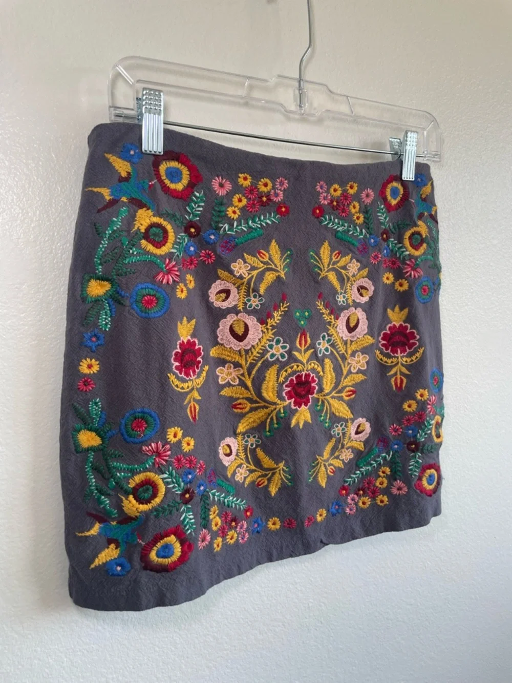 Umgee USA Boho Embroidered Mini Skirt Floral Gray Cotton Linen Medium